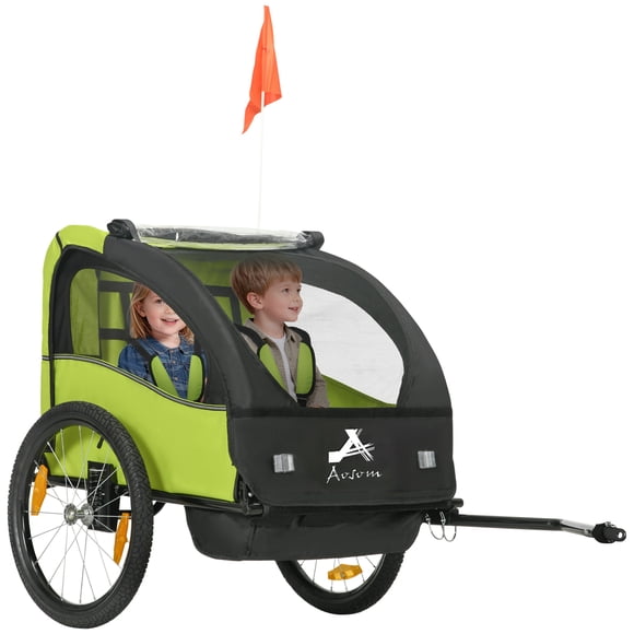 Aosom Remorque de Vélo 2 Places pour Enfants, Poussette pour Bébé avec Sac de Rangement, Vert