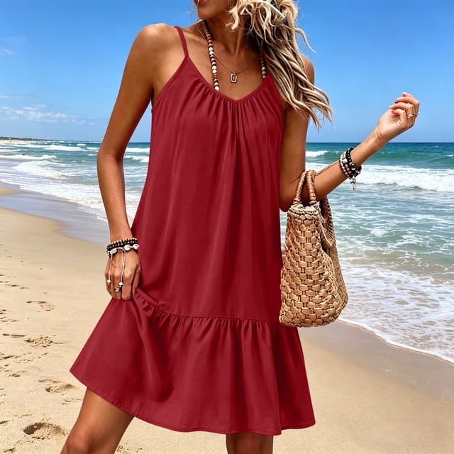 XiYing Robes pour Femmes Grande Taille, Robe d'Été en Lin à Bretelles Spaghetti pour Femmes, Sans Manches Ajustable, Ourlet à Volants, Plage, Vacances, Décontractée, Coupe Ample, S-TTG