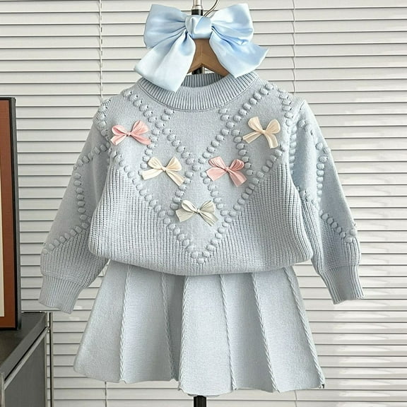 FAOWME Toddler Kids Girls Set Two Piece Long Sleeve Bow Embroidery Knit Sweater And Pleated Skirts Fashion Comfortable Warm Outfit For Full Winter Daily Wear,Blue,3-4 Years