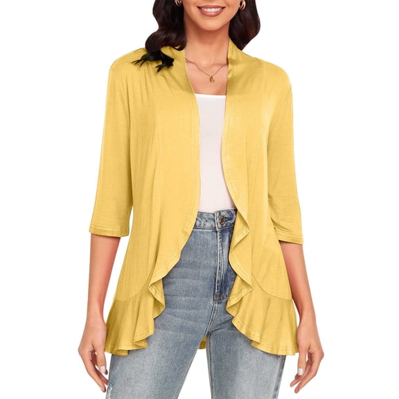BLCHUNen 3/4 Sleeve Shirts for Women Casual Lightweight Cardigan Ruffed Draped Comfy Open Front Outwear