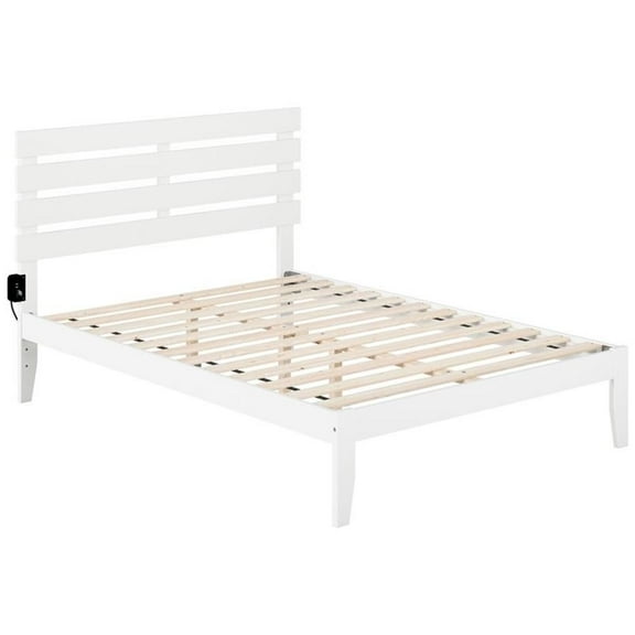 Pemberly Row Farmhouse Wood Full Bed with USB Charging Station in White