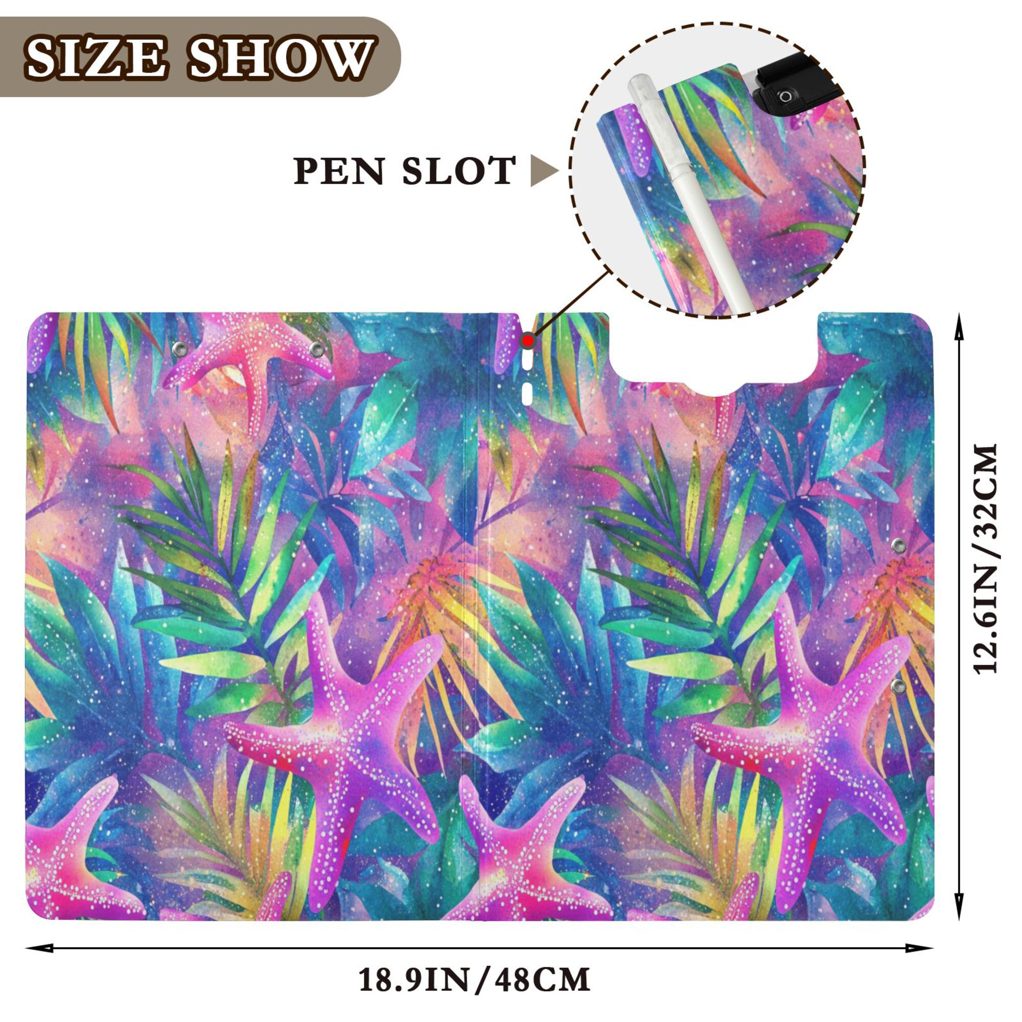 FORMRS A4 Clipboard Folder with Pen Holder Horizontal Foldable School Office Binder, Colorful Starfish