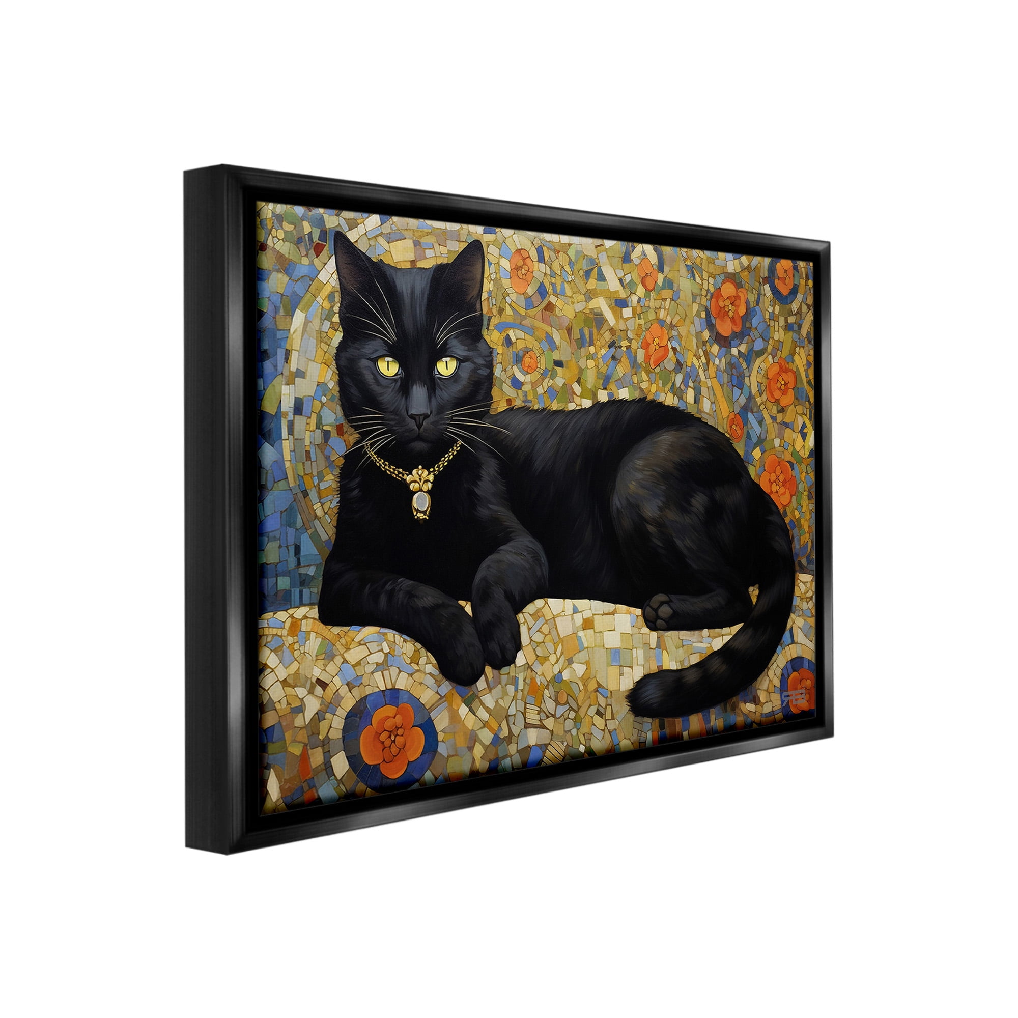 Stupell Industries Mosaic Patterned Cat Animals & Insects Painting Black Floater Framed Canvas Art Print Wall Art, 31 x 25