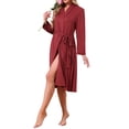 thumbnail image 4 of INSPIRE CHIC Bata de mujer de manga larga con cuello en V, bata de baño de punto tipo kimono, ropa de descanso ligera con bolsillos laterales, color rojo vino, 4 of 5