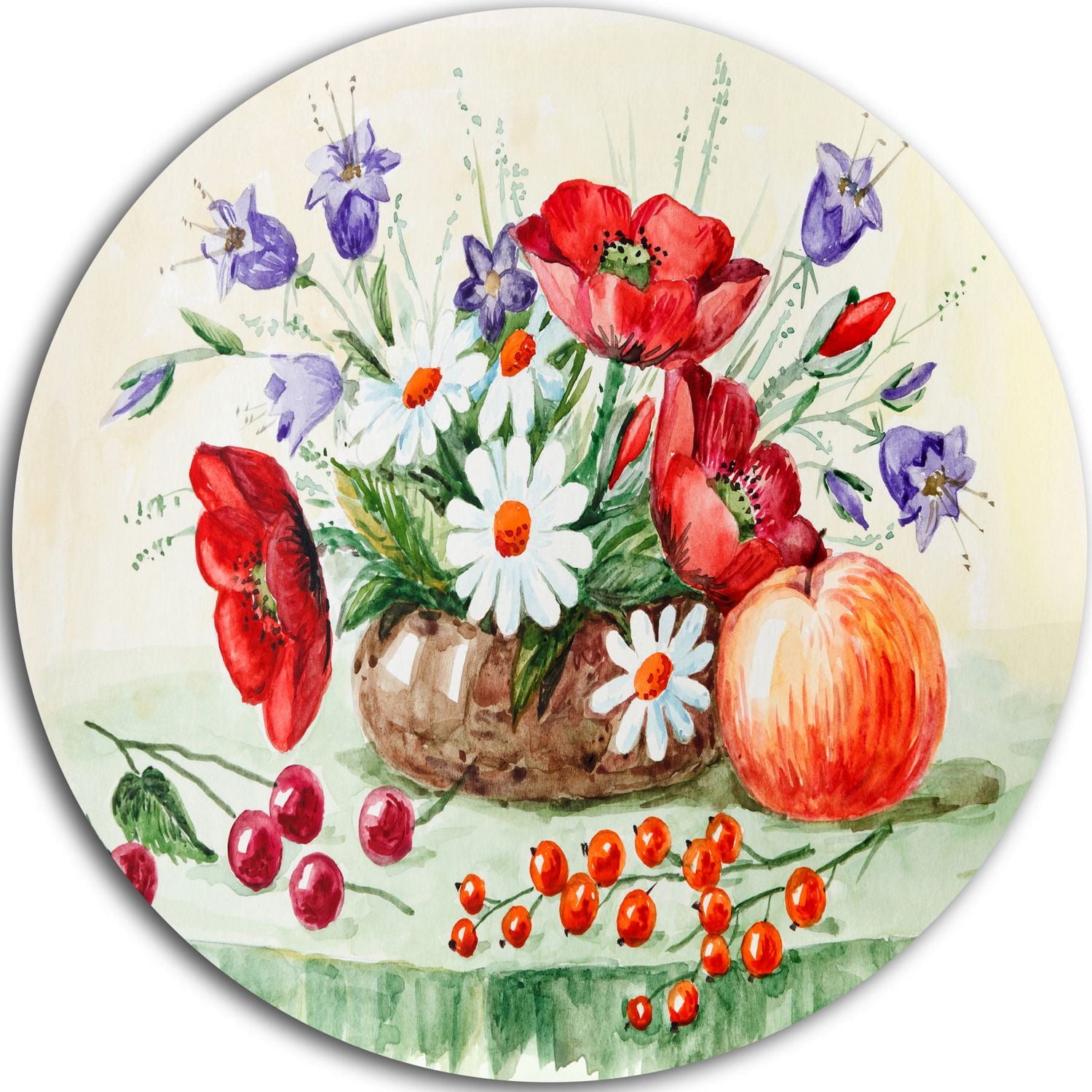 Design Art Colourful Bunch of Flowers And Fruits' Ultra Glossy Floral Metal Circle Wall Art