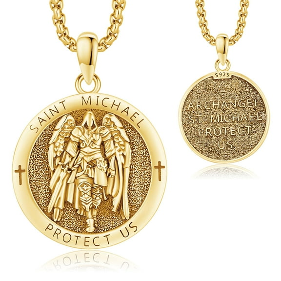 Drinsper 18K Gold Plated St Michael Necklace for Men Women, 925 Sterling Silver Sait Michael Medal Pendant Archangel Michael Necklace Protect Us Amulet Jewelry Gifts