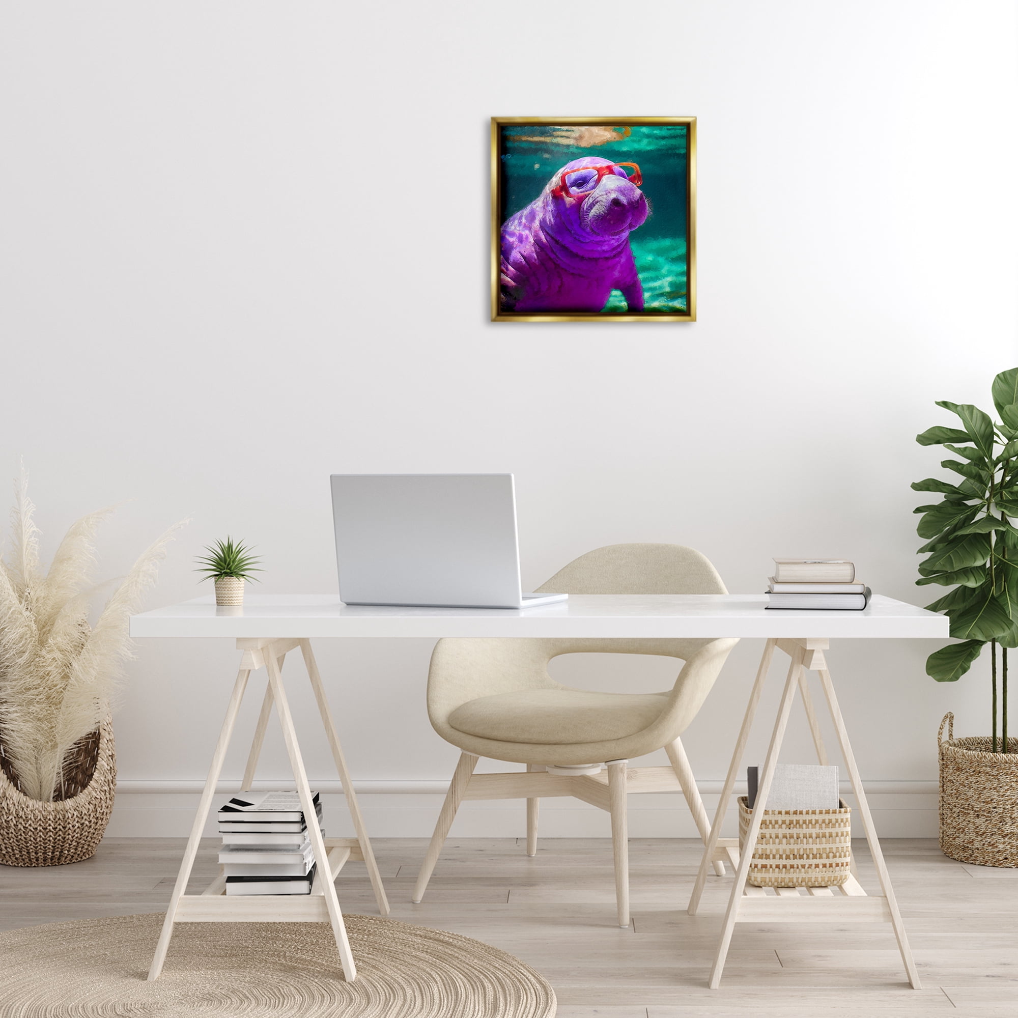 Stupell Industries Manatee with Glasses Animals & Insects Painting Gold Floater Framed Canvas Art Print Wall Art, 18 x 18