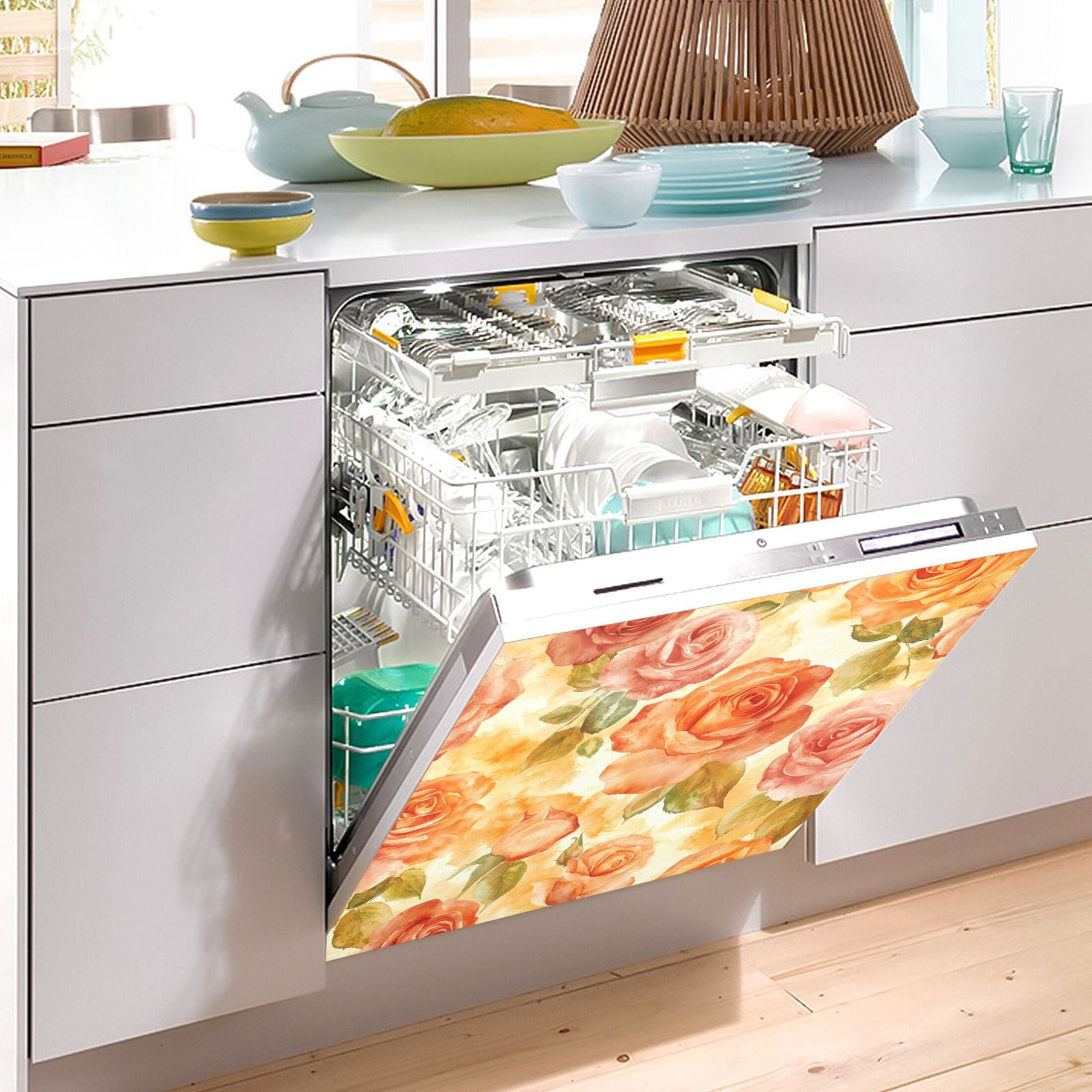 Dishwasher Magnetic Sticker 23x26 Inch Refrigerator Magnetic Sticker Washing Machine Magnetic Sticker Kitchen Panel Magnetic Sticker Home Decor Cartoon Orange Roses Seamless