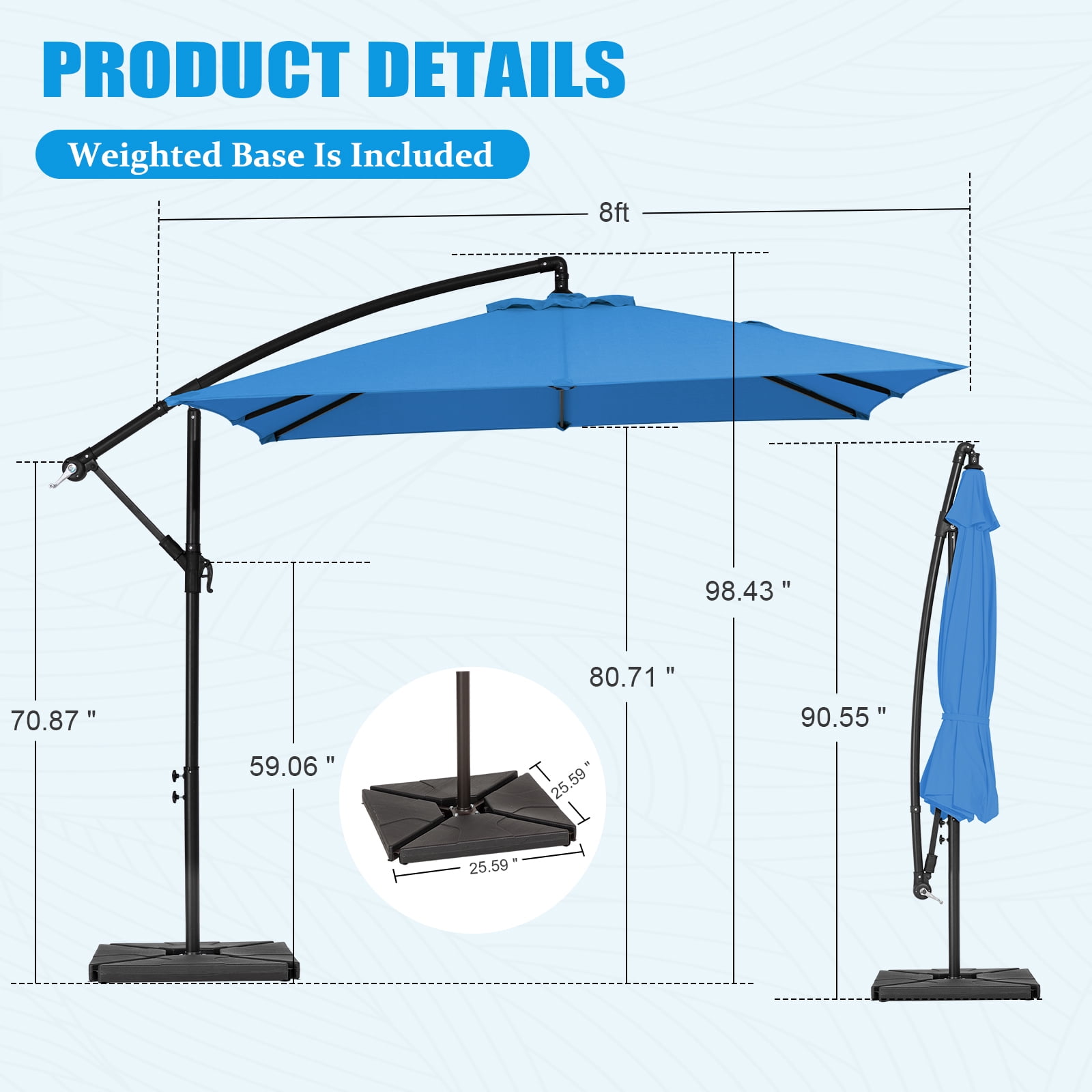 FUNDAZE 8x8ft Hanging Cantilever Patio Umbrella with Base, Square Outdoor Sun Shade with Crank & Tilt for Garden, Backyard, Deck,Royal Blue