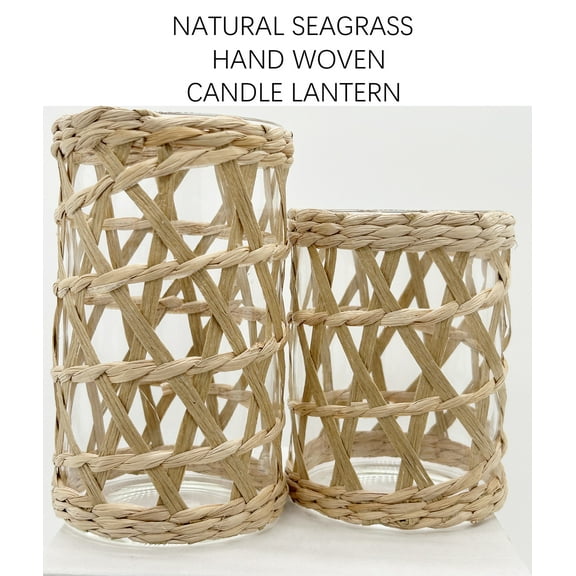 Rattan Woven Tea Light Candle Holder Set of 2 Decorative Vintage Rustic Wicker Votive Glass Candle Lantern, Natural Seagrass Hand Woven Pillar Candle Holder Hurricane Tealight Candle Holder