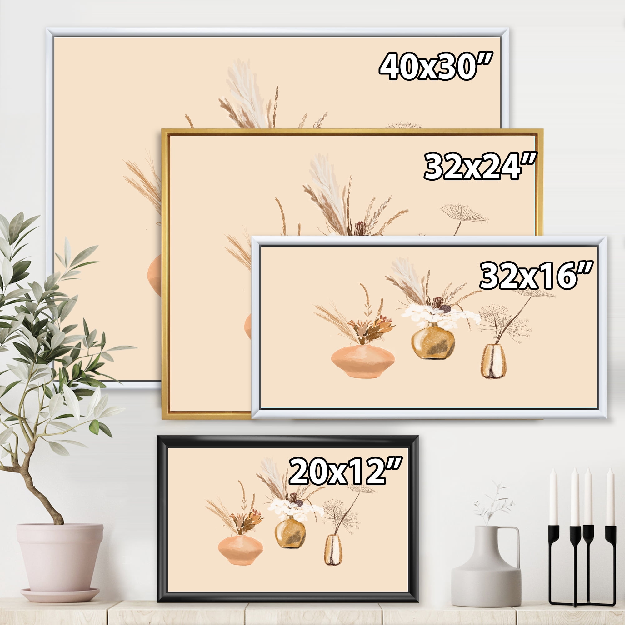 Designart 'Gold Vases With Bouquets Of Wildflowers I' Traditional Framed Canvas Wall Art Print