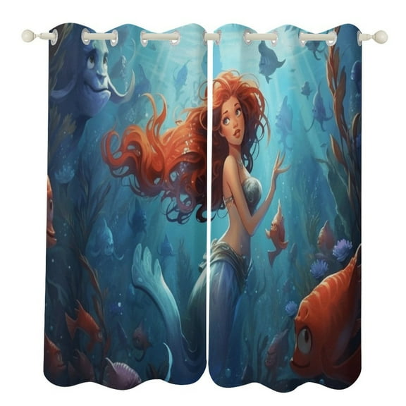 Mermaid Colorful Ocean World Curtains Aesthetic Envrionmental Friendly Picture, Living Room Bedroom Window Drapes 2 Panel Set