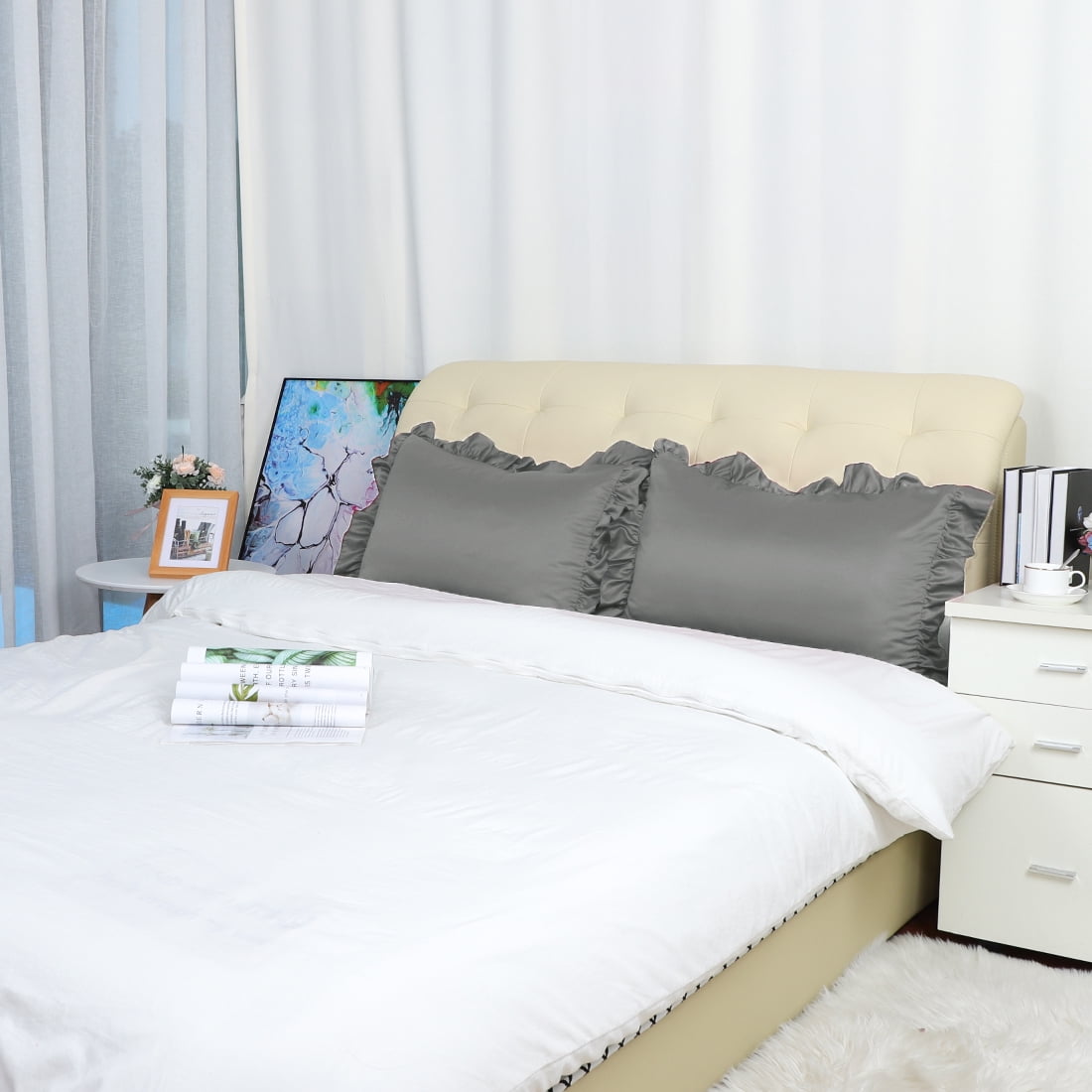 Unique Bargains 4-Piece Satin Ruffled Edge Pillow Shams, King, Deep Grey