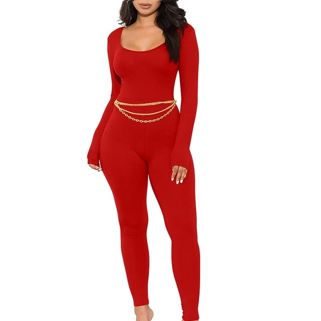 Mialoley Women's Spring Autumn Long Jumpsuit Solid Color Long Sleeve U Neck Slim Bodysuit