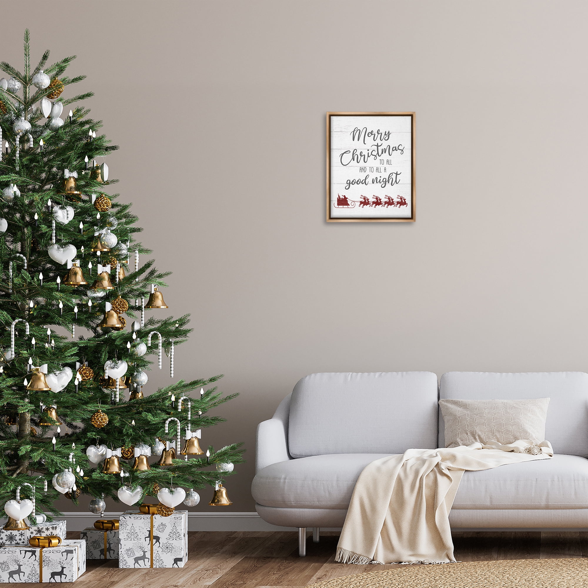 Stupell Industries To All A Good Night Christmas Holiday Painting Brown Floater Framed Canvas Art Prints Wall Art, 17 x 21