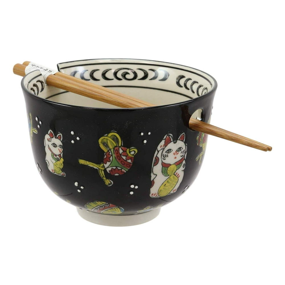 Lucky Cat Japanese Maneki Neko Black Porcelain Ramen Bowl With