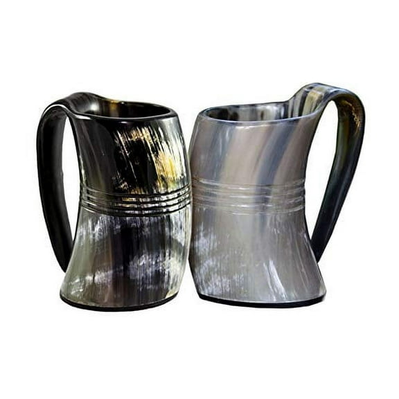 VIKING DRINKING HORN MUG (set of two) Handcrafted Ox Cup Goblet - Drink Mead & Beer Like Game of Thrones Heroes With This Large Tankard Stein - Great Craftsmanship A Perfect Present For Real