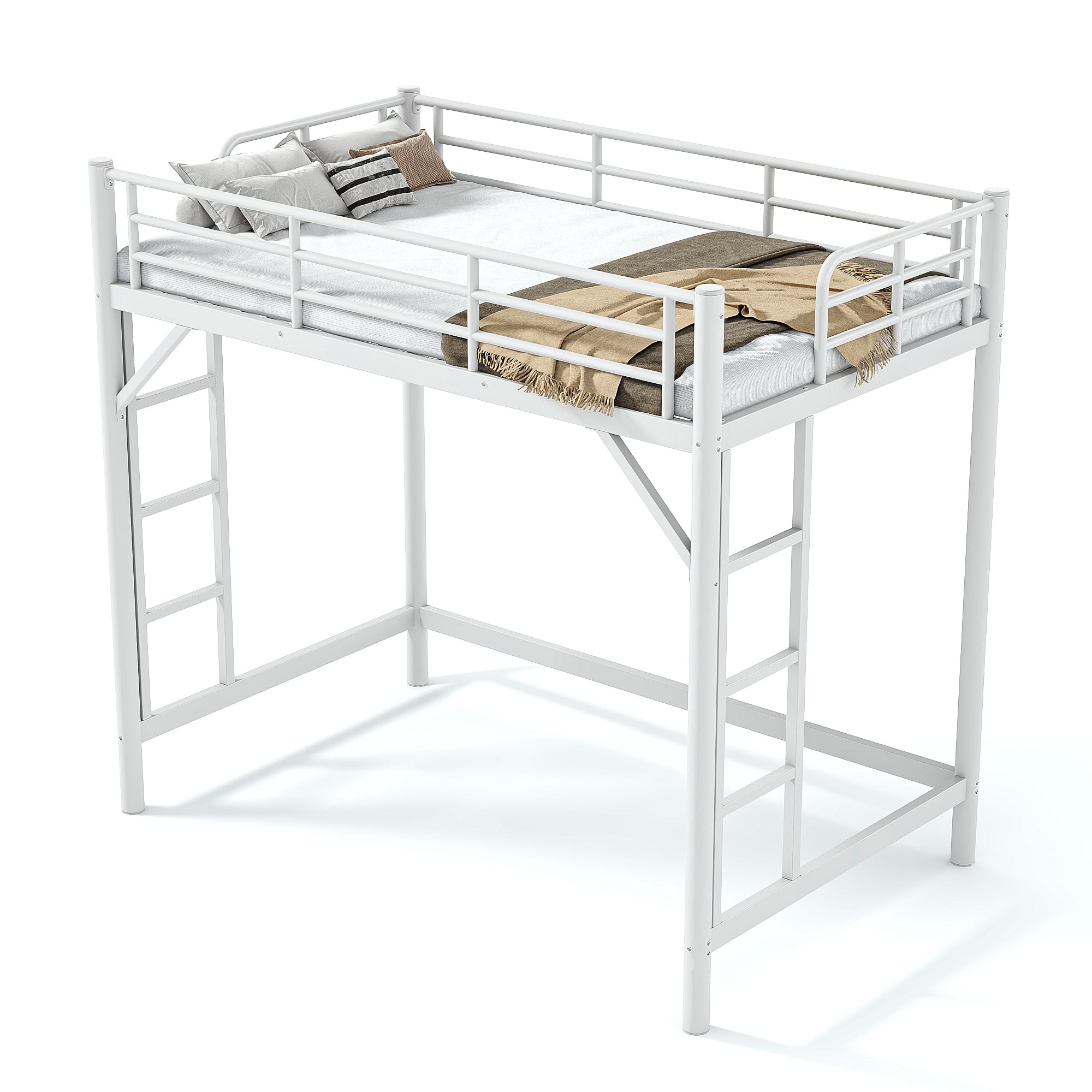 Mintazer Twin Metal Loft Bed Frame with Side Ladders & Guardrails for Teens Adults, No Box Spring Needed, White