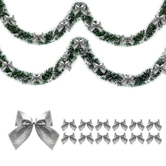 SLYNSHome Christmas Garland with Mini Bow Ornament,Christmas Metallic Tinsel Twist Garland Vines Decorations for Christmas Tree Stairs Fireplace Door Fences - Silver