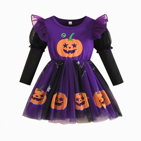 WXFAZCVU Halloween Girl Dress Flying Sleeve Pumpkin Print Tutu Dress for Holiday Party Size 4-5 Years