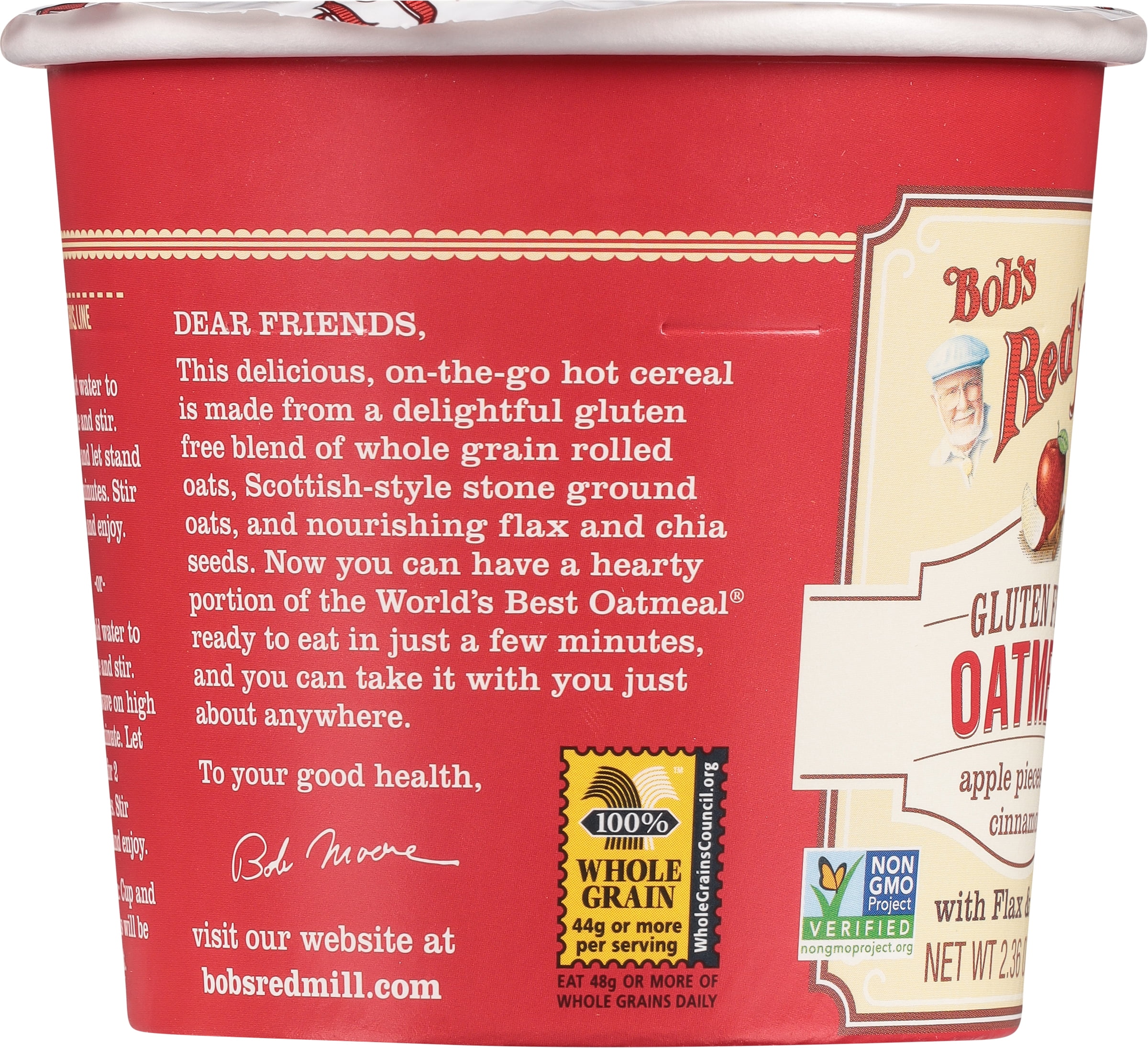 (5 pack) Bob's Red Mill Non-GMO Gluten Free Apple Pieces and Cinnamon Oatmeal with Flax & Chia 2.36 oz Microwavable Cup