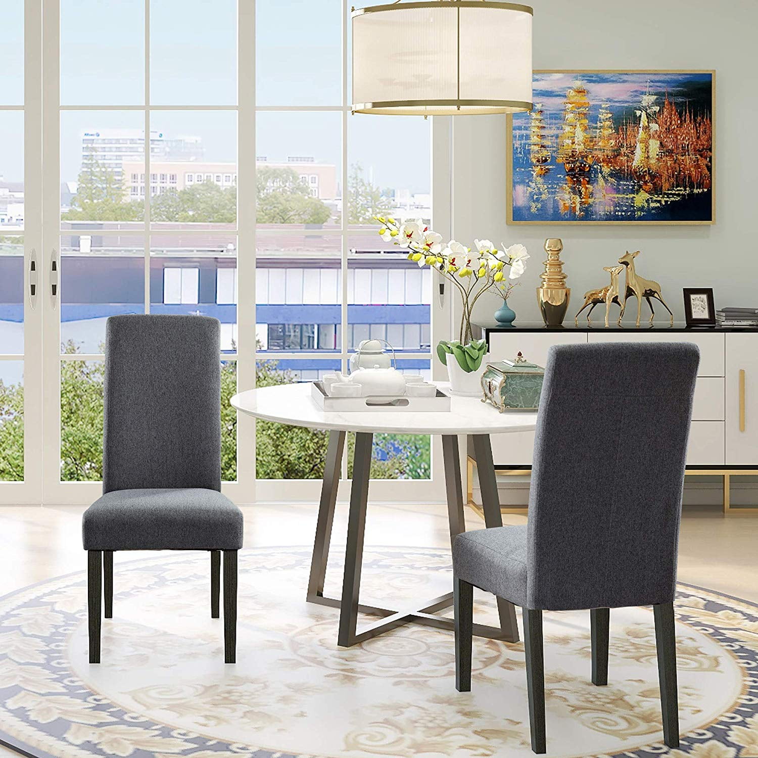 Gray Upholstered Parsons Side Chair with Wooden Legs