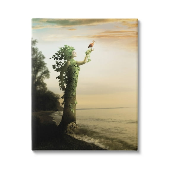 Woman Growing Vines Beach Shoreline Water Bird Coastal Painting Gallery-Wrapped Canvas Print Wall Art