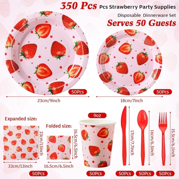 YUYAN-350 Pcs Strawberry Party Supplies Tableware Set Disposable 9'' 7'' Paper Plates 9 oz Cups Cutlery Napkins Dinnerware Set for 1st Berry First Birthday, Serve 50 (Strawberry, Red, Pink)