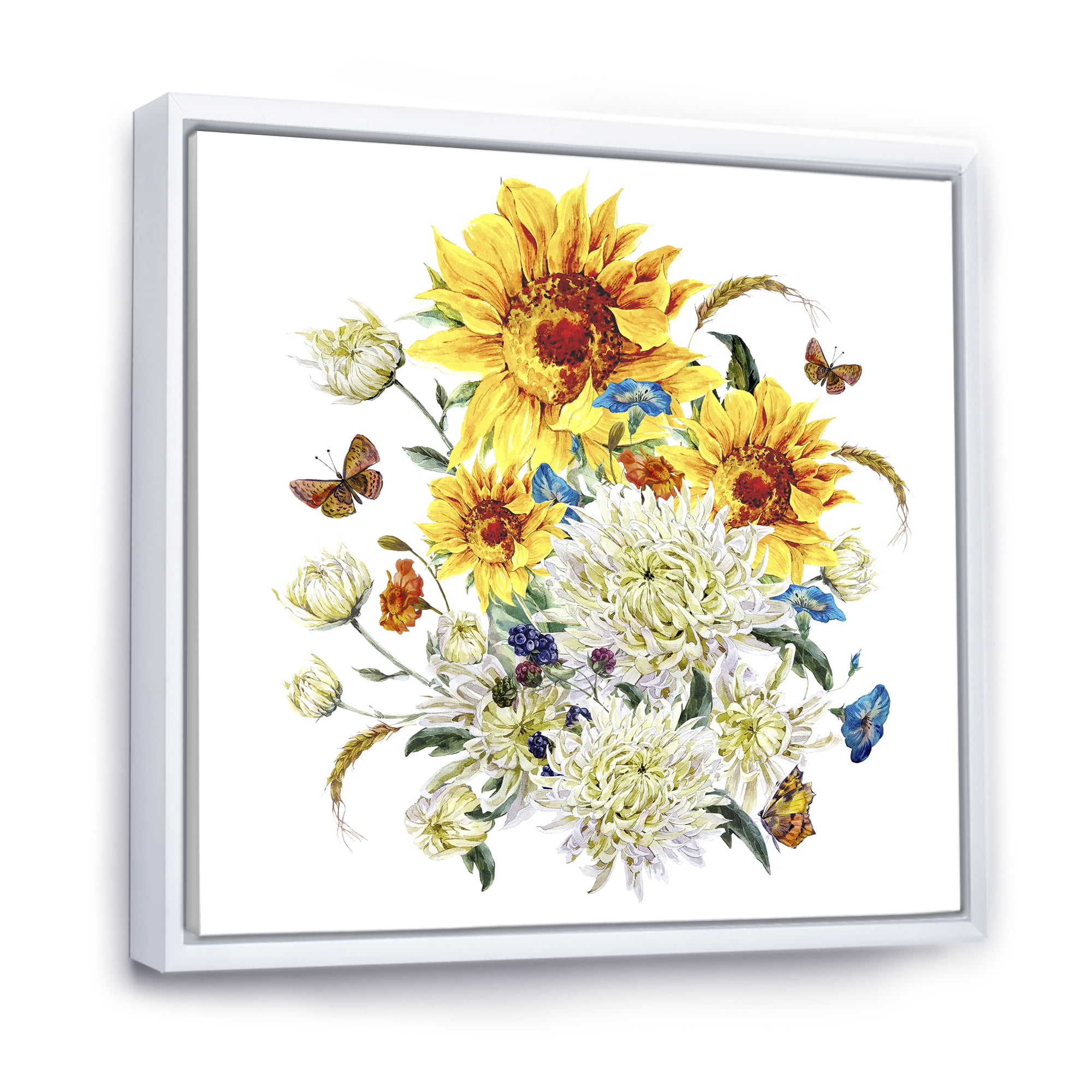 Designart 'Ancient Chrysanthemums and Sunflowers' Traditional Framed Canvas Wall Art Print