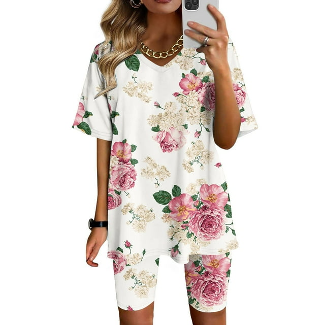 Ensembles Courts Femmes 2 Pcs Tenues Vacances Mode Femmes Blouse Col en V Manches Courtes Hauts Shorts Ensemble Décontracté Ensembles Assortis Femmes Été en Liquidation