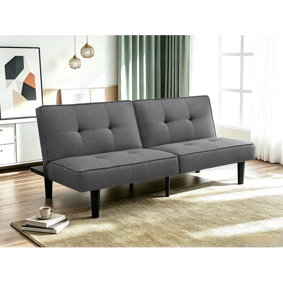 Mainstays 67'' Studio Futon Sofa Bed, Upholstered Folding Sleeper Couch with Adjustable Backrest, Grey Linen