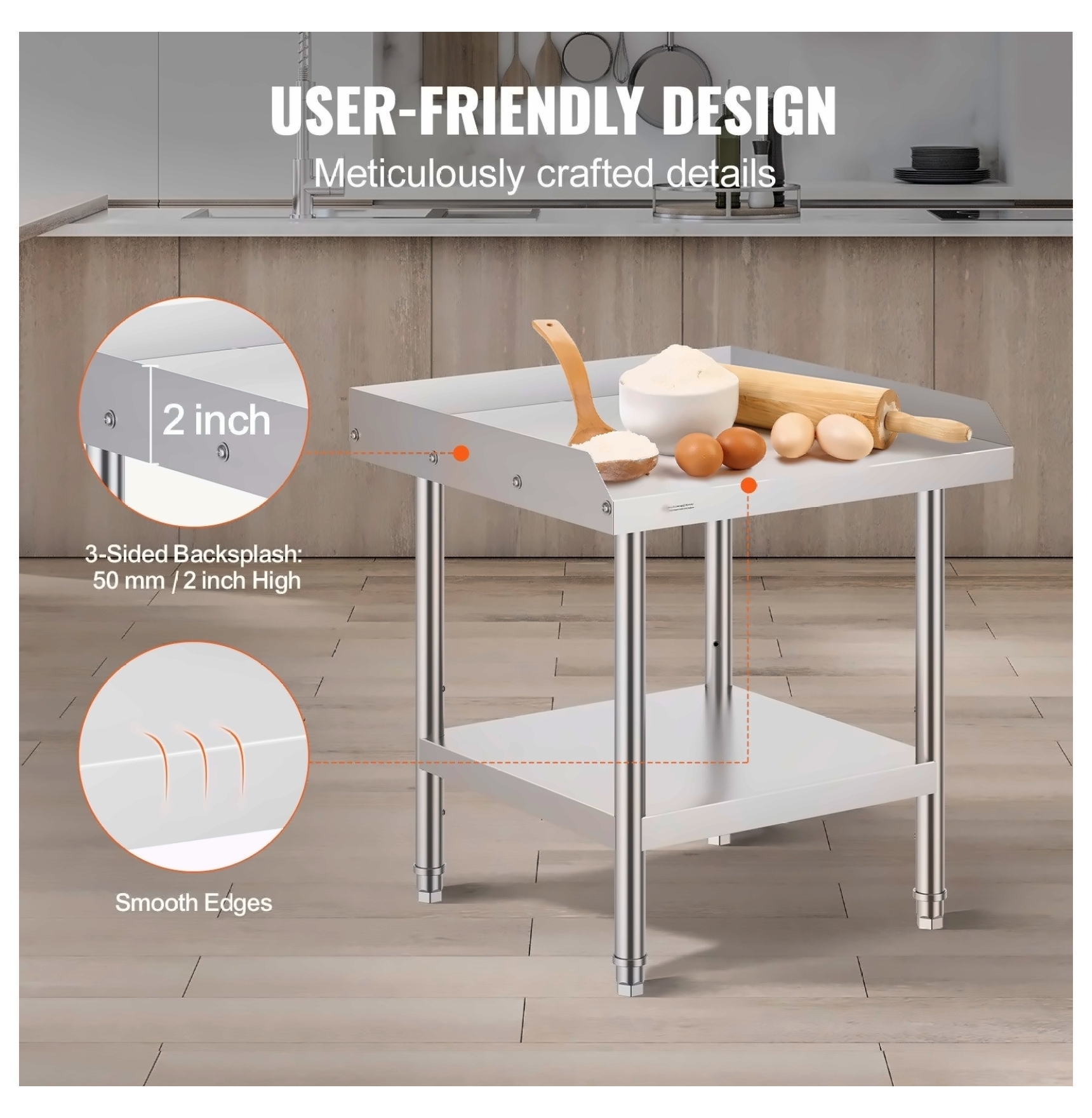 Stainless Steel Work Table 24x24x26 Inch - Commercial Food Prep Table - Heavy Duty 3-Sided Backsplash - Adjustable Height Metal Worktable for Restaurant Home Kitchen