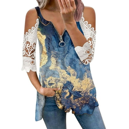 

kakina CMSX Plus Size top Clearance Woman Causal Zipper Neck Printing Blouse Lace Short Sleeve T-Shirt Summer Tops