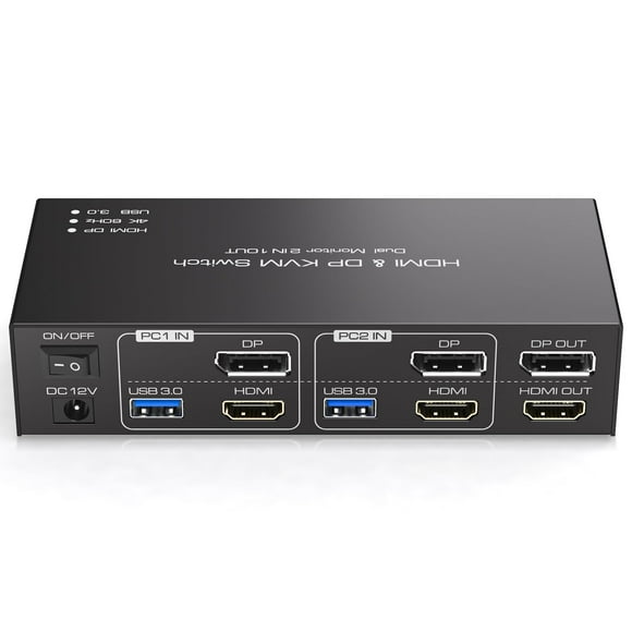 HDMI+Displayport KVM Switch 2 Monitors 2 Computers 4K@60Hz KVM Switcher for Two PC Share Dual Monitors and 4 USB 3.0 Ports Support Extended/Copy Mode