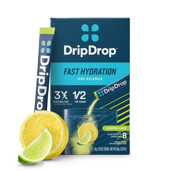 DripDrop Electrolyte Powder Drink Mix for Fast Hydration, Lemon Lime, 0.35 oz, 8 Count Packets