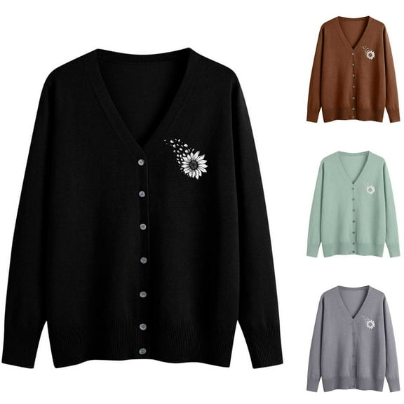 Aboser Cardigan Sweaters for Women Long Sleeve Button Down Cardigans Retro Daisy Print Sweater Coat Lightweight Cozy V Neck Outerwear