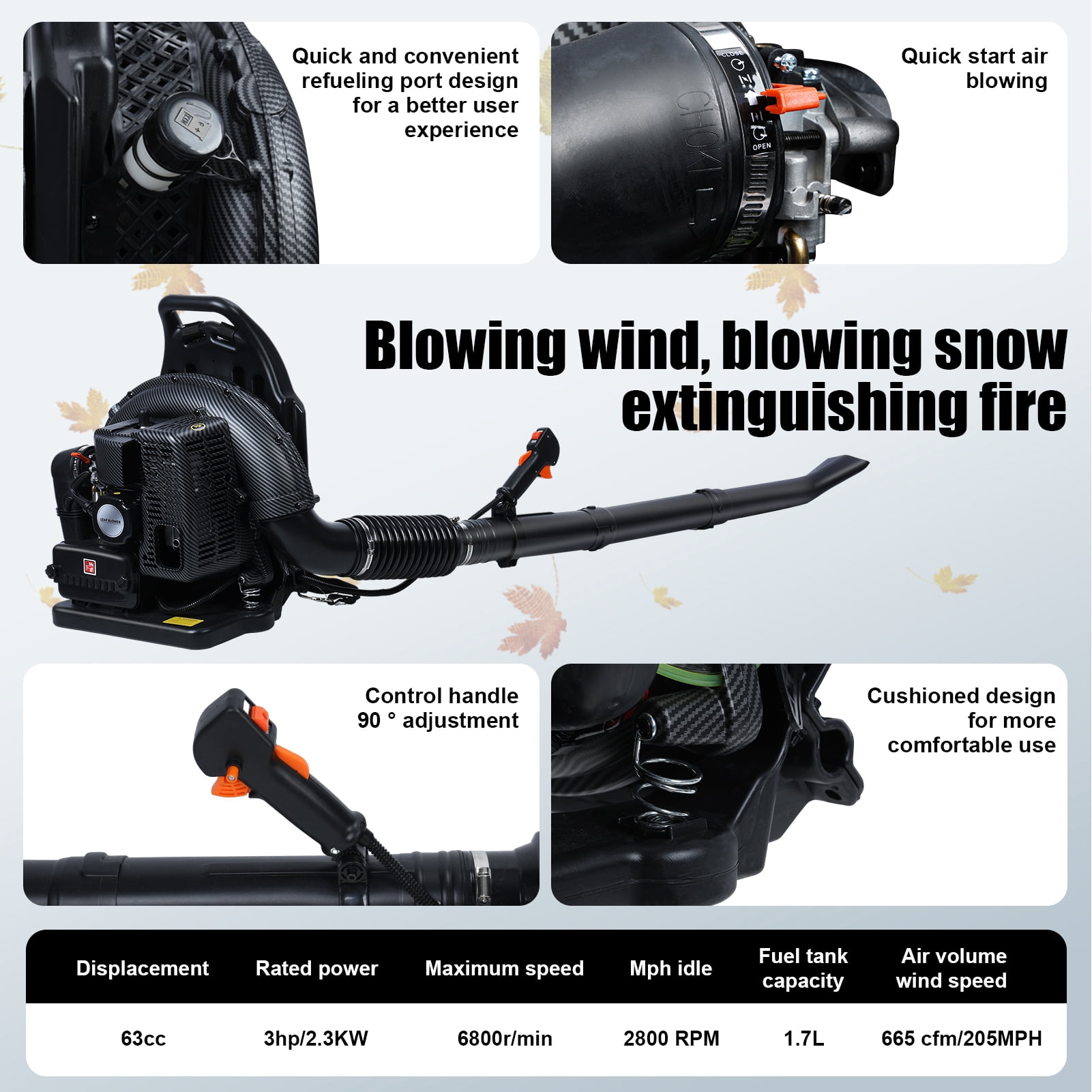 Wharick Leaf Blower for Lawn Care - Backpack Leaf Blower 63CC Gas Powered 2-Cycle Engine, 665CFM Strong Air Flow for Leaf, Sand, Gravel and Snow