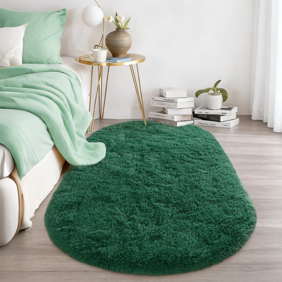 Tuzlier Oval Fluffy Area Rugs for Kids Room Plush Shaggy Carpet for Bedroom Bedside Nursery Mats, 2.6' x 5.3', Dark Green