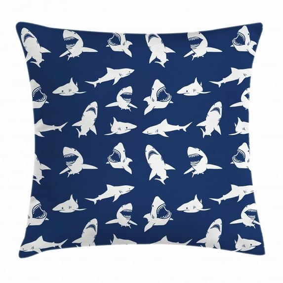 Shark Throw Pillow Cushion Cover, Shark Pattern with Various Gestures Have A Bite Danger Humor Nautical Design, Decorative Square Accent Pillow Case, 20 X 20 Inches, Dark Blue White, by Ambesonne