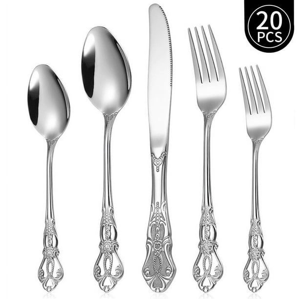 Juego de Cubiertos Retro Reales de 20 Pzas para 4, Hermoso Juego de Cubiertos Plateados con Cuchillos para Carne, Juego de Cubiertos Vintage de Acero Inoxidable Premium con Tenedores, Cucharas y Cuch