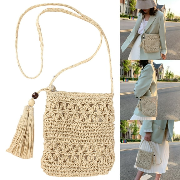 Straw Bags For Women, Summer Beach Straw Bags Mini Straw Handbags With Zipper Weave Handmade Crossbody Bag Shoulder Purse, Beige