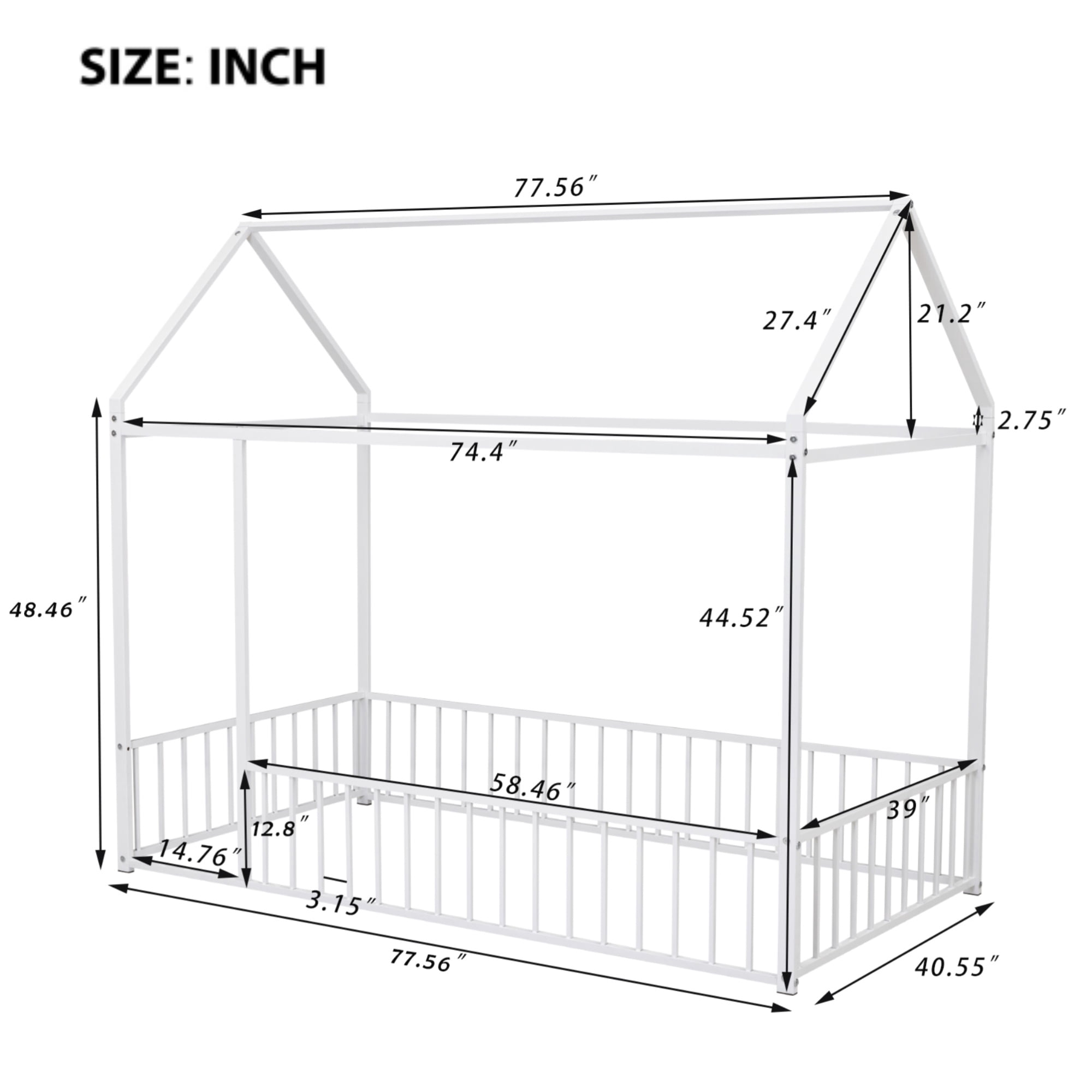 Gewnee Twin Size Metal House Bed frame with Fence,Montessori Floor Bed for Toddler and Kids,White
