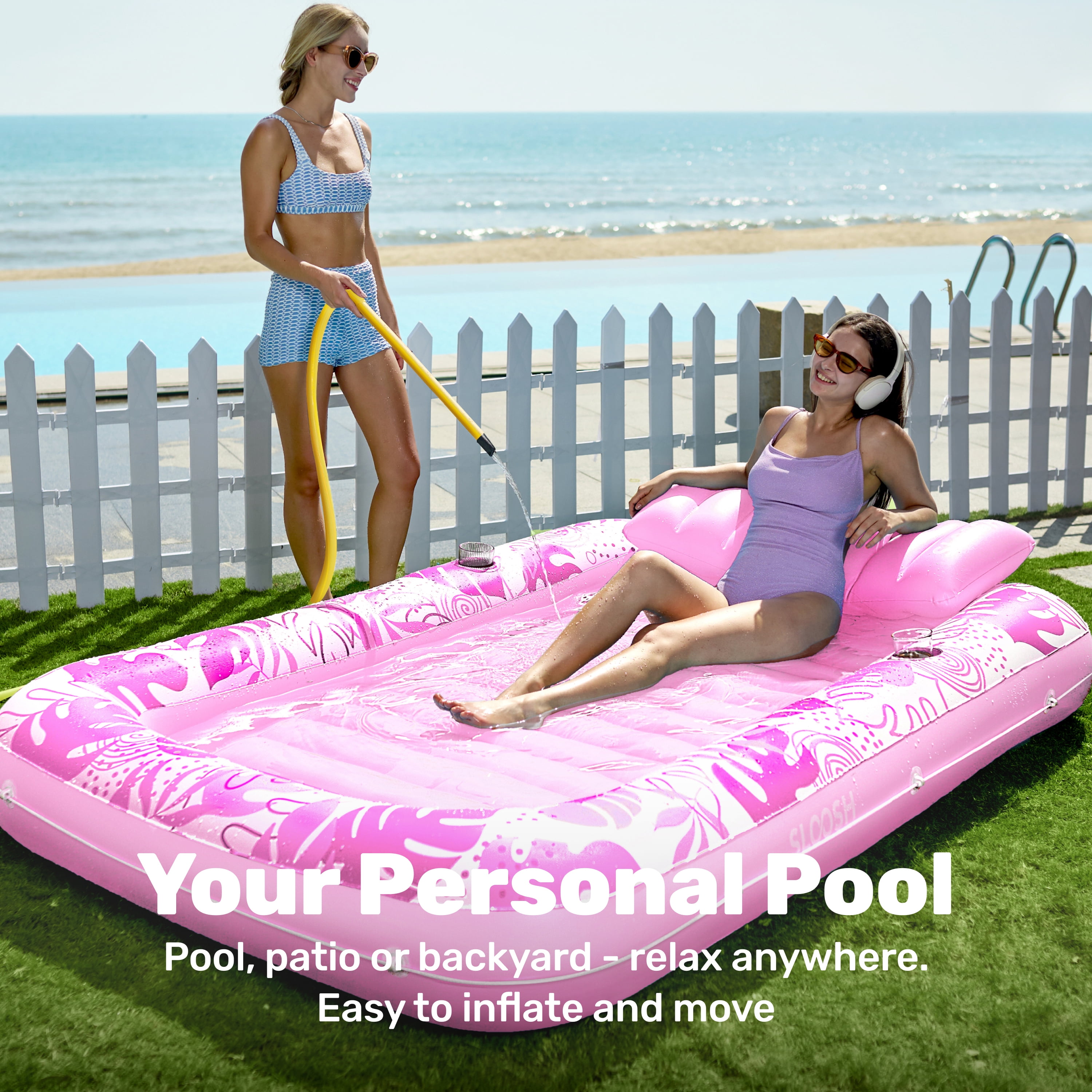 SLOOSH Inflatable Tanning Pool Lounger Float, 85" x 57" Extra Large Suntan Sun Tan tub for Adults, Tanning chair, Bed Blow up, Raft Lounge Floatie,XL-Blushing Pink