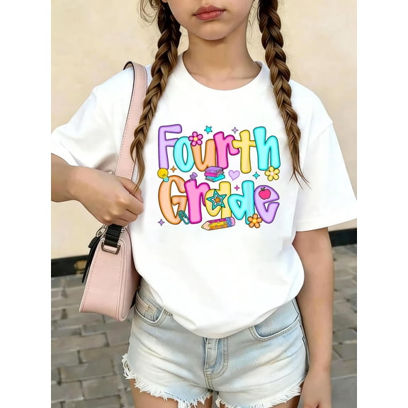 Preppy Fourth Grade Back to School 4th Grade Teachers Girls Kids Cotton Soft Playwear Graphic T-Shirt