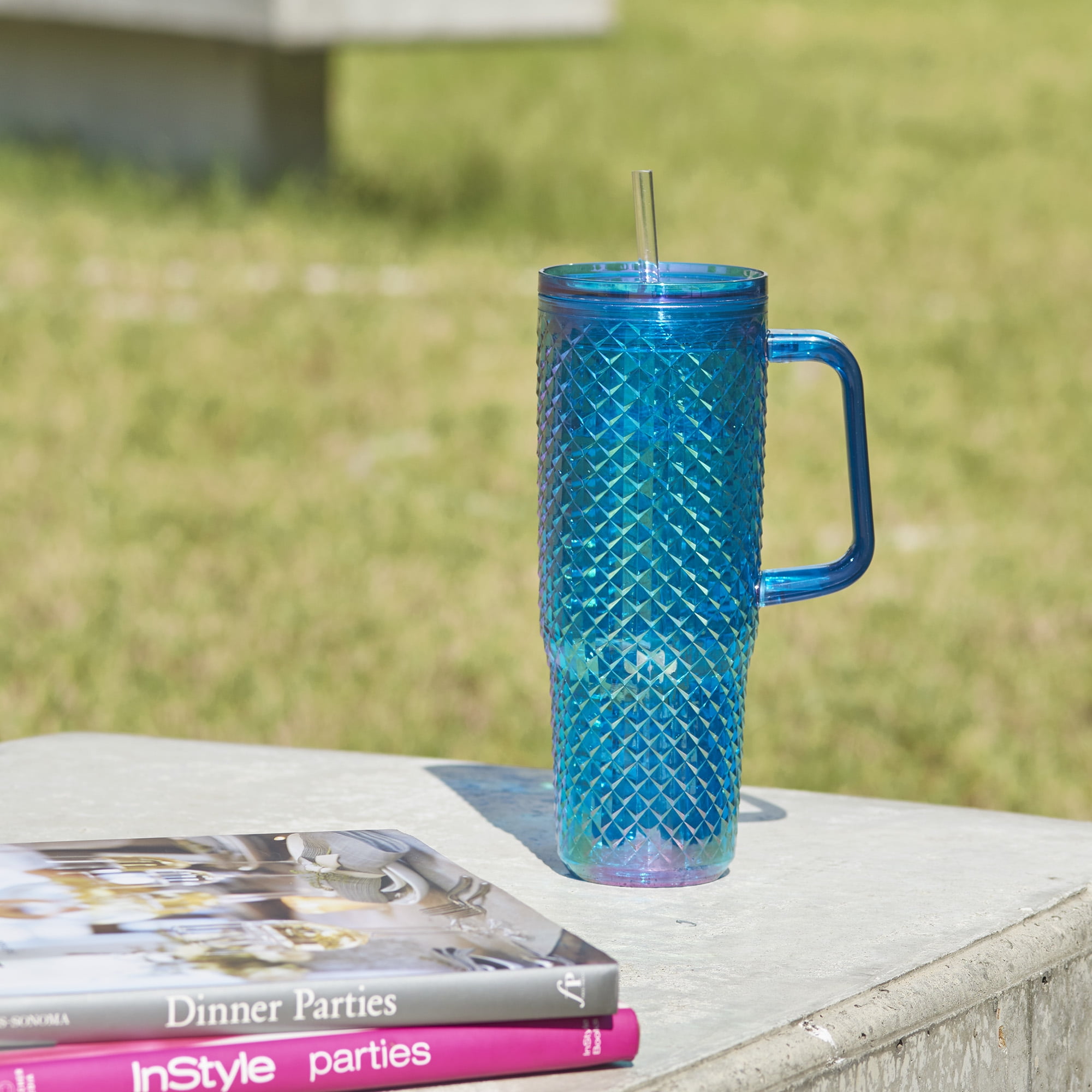 Mainstays 30oz Textured Tumbler with Straw and Handle, Diamond Iridescent Blue, 30oz, Plastic Double Wall Insulated