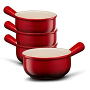 French Onion Soup Crocks, by Kook, Easy to Grip Handles, Durable Ceramic, For Chili and Stew, 18 Ounce, Set of 4, Cherry (Red)