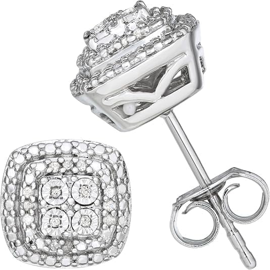 Beyond Brilliance Sterling Silver Halo Cushion Frame 1/10 Carat Round Natural Diamond Stud Earrings for Women