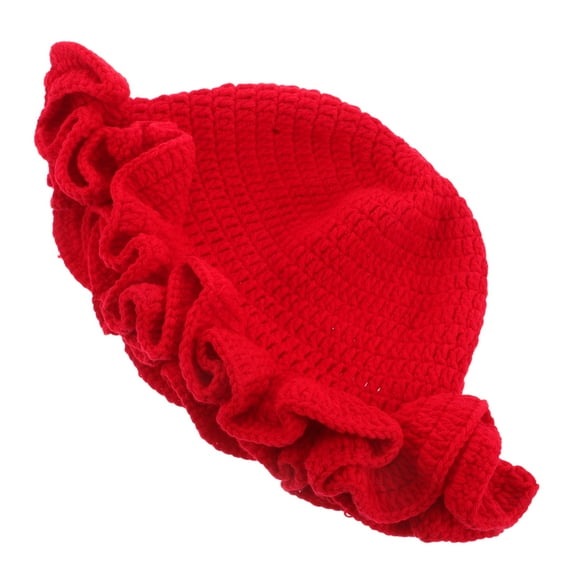 OUNONA Red Knit Crochet Bucket Hat, Feminine Ruffled Brim, Year-Round Comfort