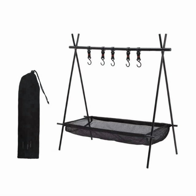 + Bolsa de Red para Acampar, Trípode Plegable para Acampar, Colgador de Artículos para Viajes, 61 X 100 X 105 cm