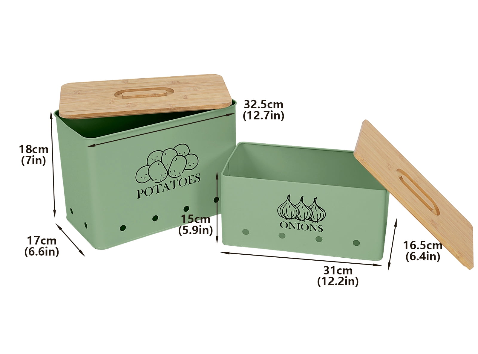 Pethiy Kitchen Vegetable Storage,Metal Onion and Potato Canisters with Wooden Lid,Storage Containers with Ventilated Holes for Freshness,2 Pack,Green